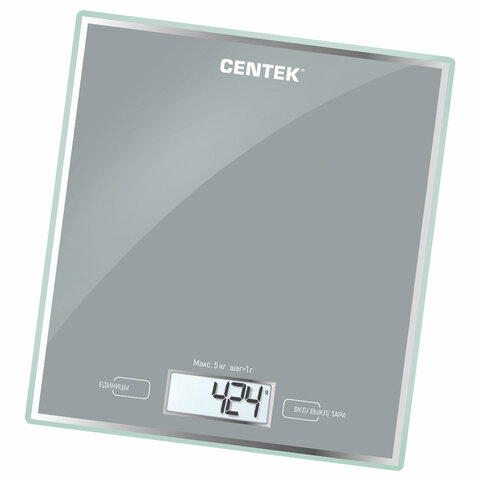 Весы кухонные CENTEK CT-2462 SILVER, электронный дисплей, max вес 5 кг, тарокомпенсация, стекло, CT-