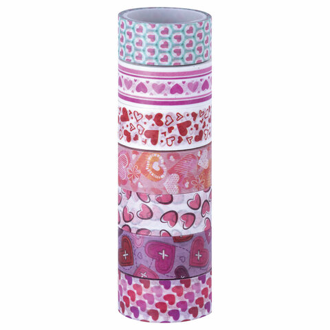 Клейкие WASHI-ленты для декора "СЕРДЦА", 15 мм х 3 м, 7 цветов, рисовая бумага, ОСТРОВ СОКРОВИЩ, 661