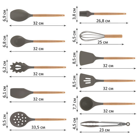 Набор силиконовых кухонных принадлежностей с деревянными ручками 12 в 1, серо-коричневый, DASWERK, 6