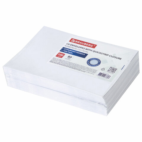 Конверты С6 (114х162 мм), отрывная лента, внутренняя запечатка, 80 г/м2, КОМПЛЕКТ 100 шт., BRAUBERG,