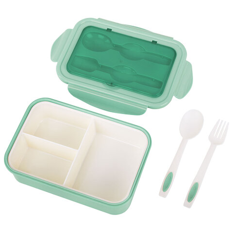 Ланч-бокс контейнер 2 секции 3+1 отделение, 1,4 л, ложка, вилка, 7х21х14 см, мятный, JOYLUX, 609347