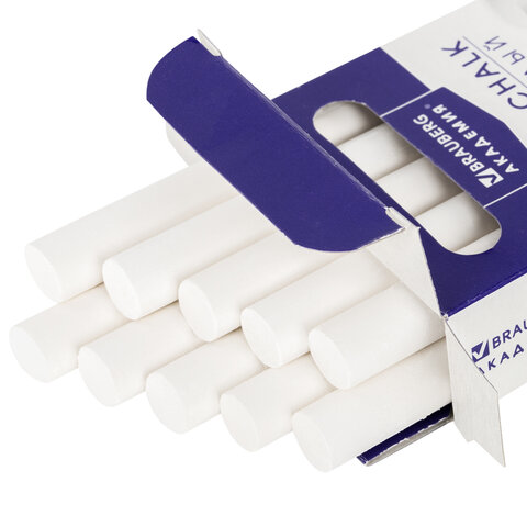 Мел белый круглый мягкий 10 штук, BRAUBERG "АКАДЕМИЯ", картонная упаковка, европодвес (АЛГЕМ), 27114