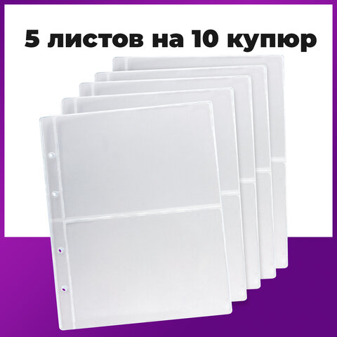 Листы-вкладыши для денежных купюр для альбома "Оптима" М9-05, комплект 5 шт., 200х250 мм, 2 кармана,