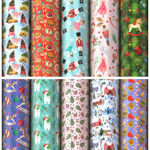Бумага упаковочная новогодняя "Сказочный подарок", 70х100см, 10 дизайнов ассорти, ЗОЛОТАЯ СКАЗКА, 59