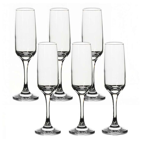 Бокал для шампанского на ножке узкий, 200 мл, КОМПЛЕКТ 6 штук, стекло, PASABAHCE "ИЗАБЕЛЛА", фирменн