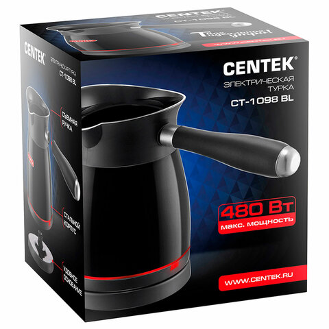 Турка электрическая CENTEK CT-1098, 0,5 л, 480 Вт, механическое управление, стальная, черная, CT-109