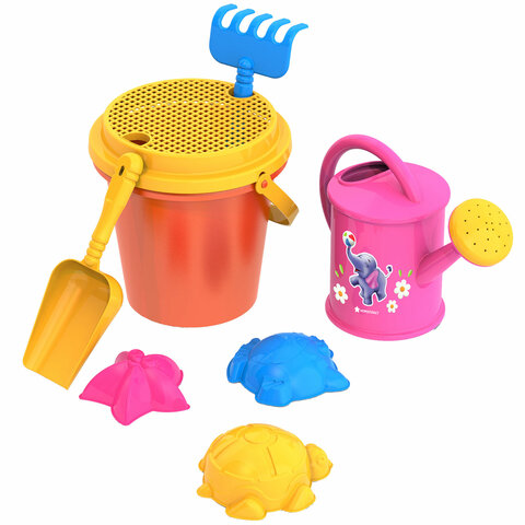 Набор для игр в песке: ведерко с ситом, лейка, совок, грабельки, 3 формочки "Морские", НОРДПЛАСТ, 43