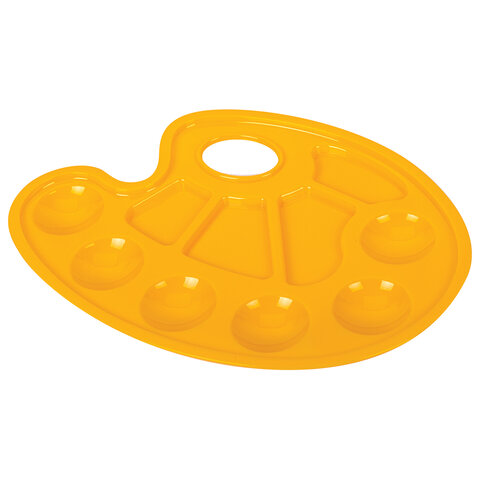 Палитра для рисования ЮНЛАНДИЯ желтая, овальная, 6 ячеек для красок и 4 для смешивания, европодвес, 