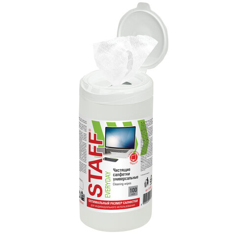 Салфетки для экранов, стекол и пластика универсальные STAFF "EVERYDAY", туба 100 шт., влажные, 51265
