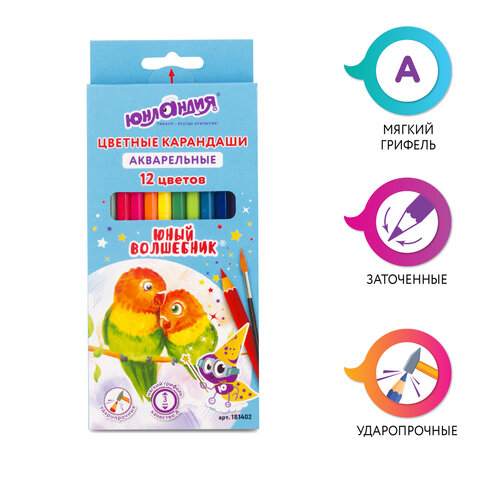Карандаши цветные акварельные ЮНЛАНДИЯ "ЮНЫЙ ВОЛШЕБНИК", 12 цветов, шестигранные, грифель 3 мм, нату