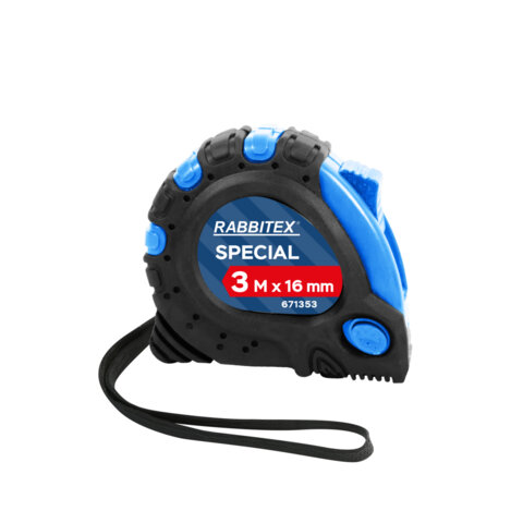Рулетка измерительная 3 м х 16 мм, обрезиненный корпус, 3 фиксатора, RABBITEX Special, 671353