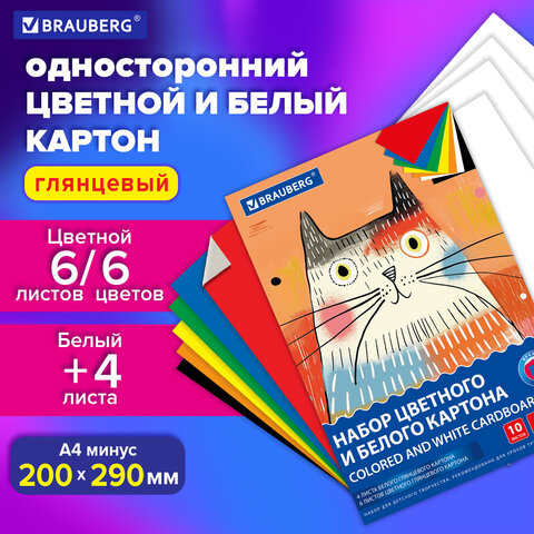 Набор картона БЕЛЫЙ + ЦВЕТНОЙ А4 мелованный, 10 листов (белый 4 листа + цветной 6 листов), в папке, 