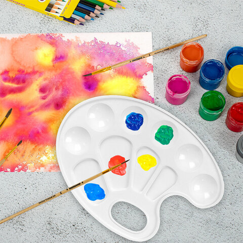 Палитра для рисования ПИФАГОР "ЭНИКИ-БЕНИКИ", белая, овальная, 10 ячеек (6 ячеек для красок и 4 для 