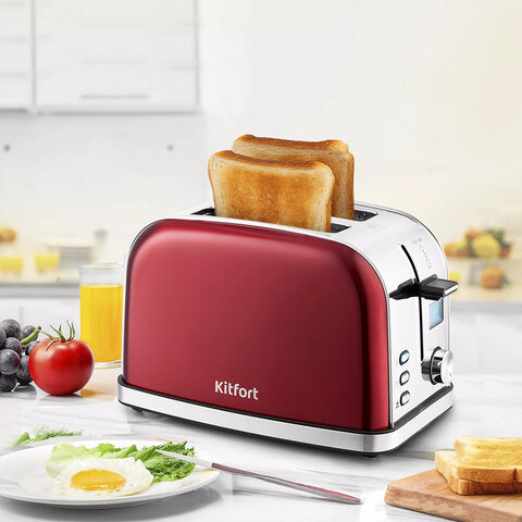 Тостер KITFORT КТ-2036-1, 950 Вт, 2 тоста, 8 режимов, цифровой дисплей, металлический, красный