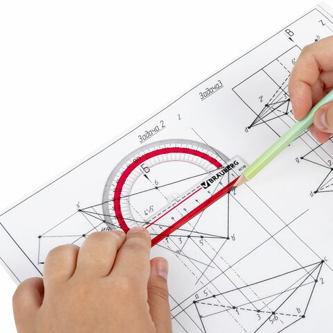 Транспортир 10 см, 180 градусов, пластиковый, BRAUBERG "Crystal", прозрачный, с выделенной шкалой, п