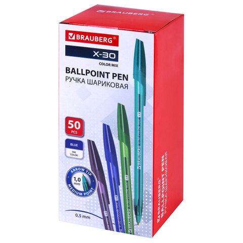 Ручка шариковая BRAUBERG X-30 COLOR MIX, СИНЯЯ, мягкое письмо, пишущий узел 1 мм, линия письма 0,5 м
