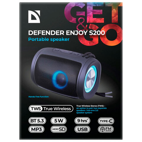 Колонка портативная DEFENDER Enjoy S200, 2.0, 5 Вт, Bluetooth, FM-тюнер, USB, microSD, 1200 мАч, 652