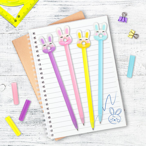 Ручка с топпером шариковая ЮНЛАНДИЯ "Зайка-пончик", корпус ассорти, СИНЯЯ, пишущий узел 0,7 мм, 1438