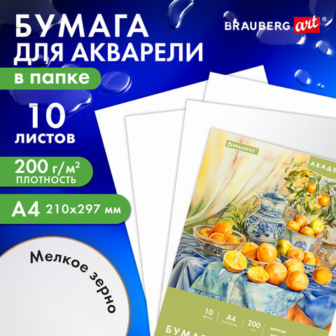 Папка для акварели А4, 10л., 200 г/м2, 210х297мм, BRAUBERG АКАДЕМИЯ, "Апельсины", 117743