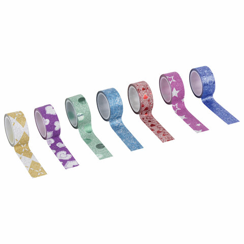 Клейкие ленты полимерные для декора с блестками "УЗОРЫ", 15 мм х 3 м, 7 цветов, ОСТРОВ СОКРОВИЩ, 661