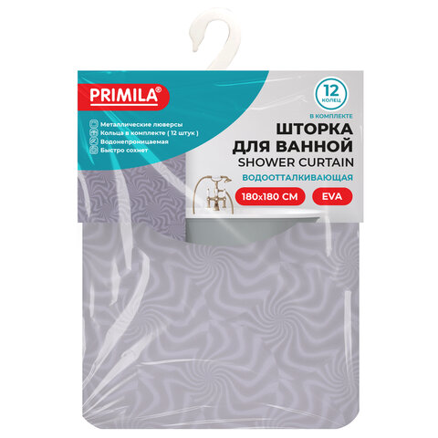 Шторка для ванной EVA, 180х180см, кольца в комплекте, СЕРАЯ ГОЛОГРАФИЯ, PRIMILA, 700104