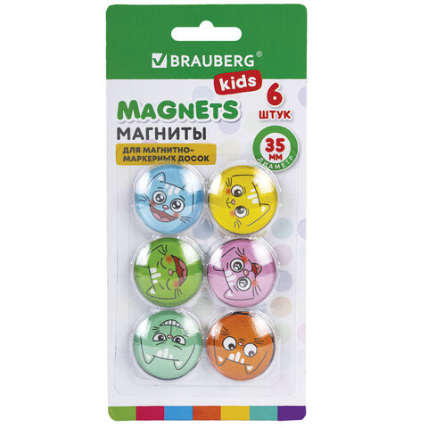 Магниты стеклянные 35 мм для досок магнитно-маркерных, НАБОР 6 шт., "3D Коты", BRAUBERG KIDS, круглы