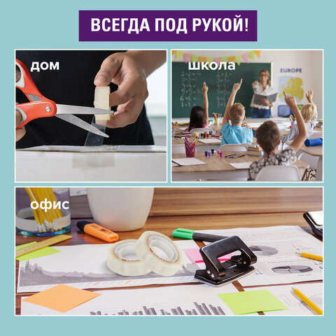 Клейкие ленты 19 мм х 33 м канцелярские BRAUBERG, комплект 2 шт., прозрачные, гарантированная длина,