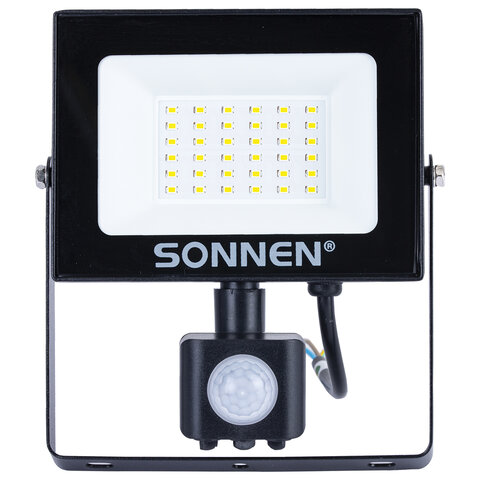 Прожектор светодиодный с датчиком движения 30 Вт, 6500 К, 2400 Лм, 30 м2, IP65, 161х146х51 мм, черны