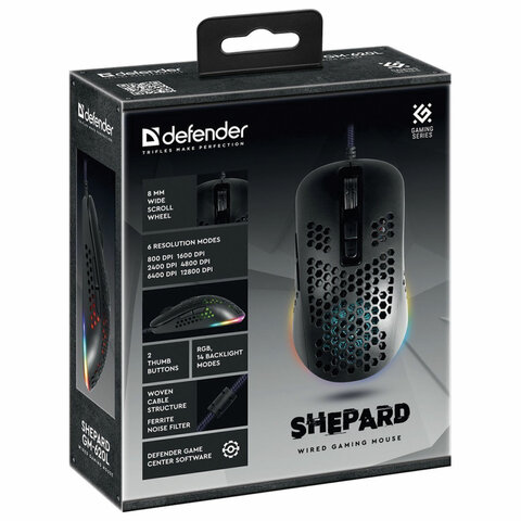 Мышь проводная игровая DEFENDER Shepard GM-620L, USB, 6 кнопок + 1 колесо-кнопка, оптическая, чёрная