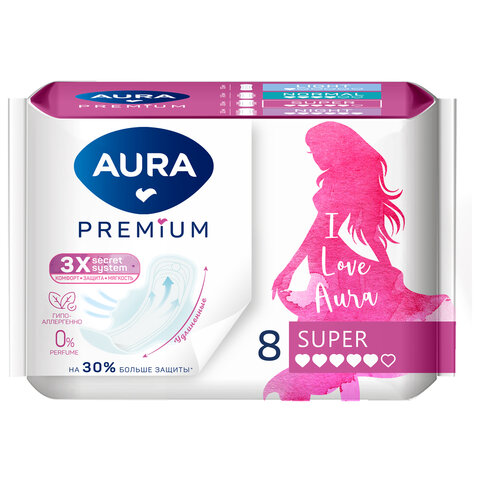 Прокладки женские гигиенические 8 шт., AURA Premium SUPER, 13122