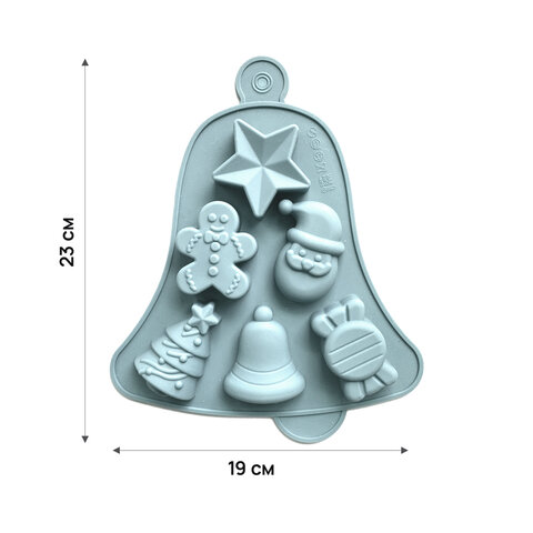 Форма для выпечки новогодняя 23х19 см, "Колокольчик", силикон, 6 ячеек, рецепт, ЗОЛОТАЯ СКАЗКА, 5924