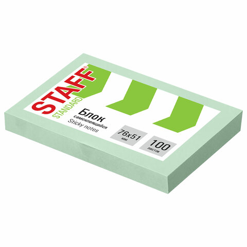 Блок самоклеящийся (стикеры) STAFF STANDARD, ПАСТЕЛЬНЫЙ 76х51 мм, зеленый, 100 листов, 116583