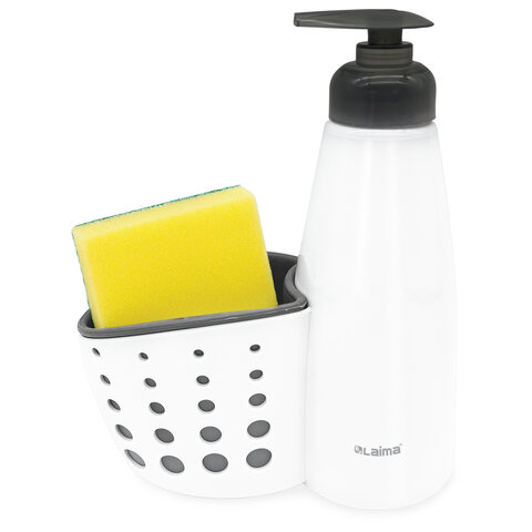 Дозатор для моющего средства, органайзер кухонный + губка, БЕЛЫЙ, 8х20х16см, LAIMA HOME, 700048