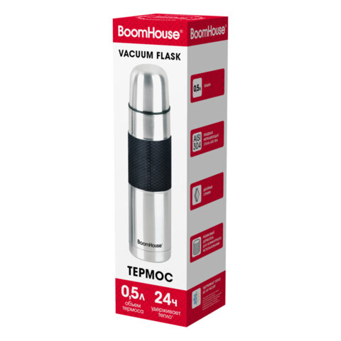Термос 0,5л CLASSIC, нержавеющая сталь SUS304, черный силиконовый рукав, крышка/кружка, BOOMHOUSE (Б