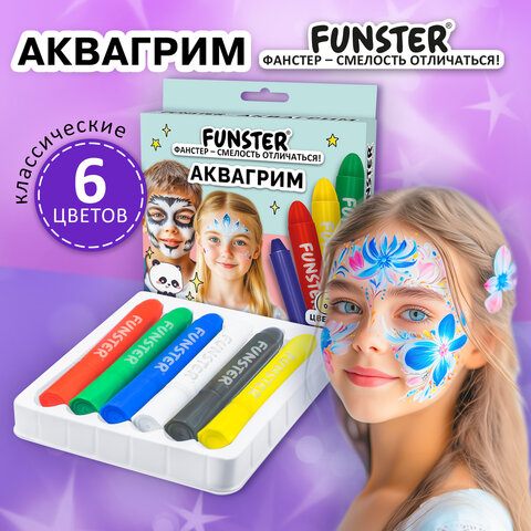 Аквагрим для лица и тела 6 ярких цветов, FUNSTER, легко смываются, 192571