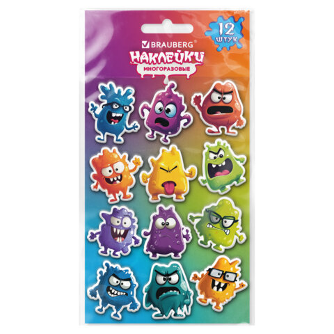 Наклейки зефирные BRAUBERG CUTE MONSTERS, многоразовые, 10*15 см, 666055