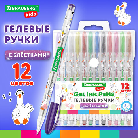 Ручки гелевые С БЛЕСТКАМИ BRAUBERG KIDS "CUTE ANIMALS", НАБОР 12 ЦВЕТОВ, корпус с печатью, узел 1 мм