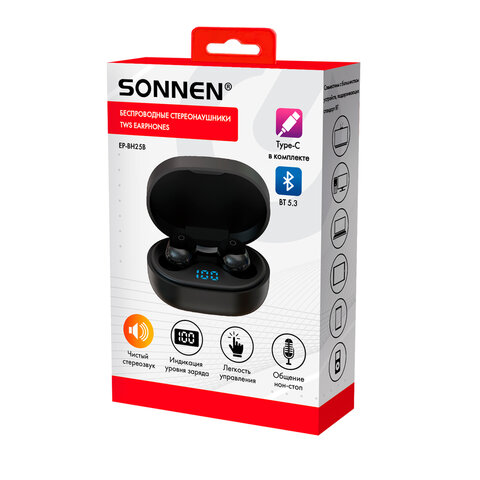 Наушники беспроводные TWS внутриканальные с микрофоном, SONNEN EP-BH25B, bluetooth 5.3, черные, 5141