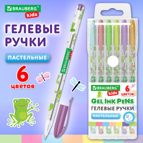 Ручки гелевые ПАСТЕЛЬНЫЕ BRAUBERG KIDS "CUTE ANIMALS", НАБОР 6 ЦВЕТОВ, корпус с печатью, узел 1 мм, 