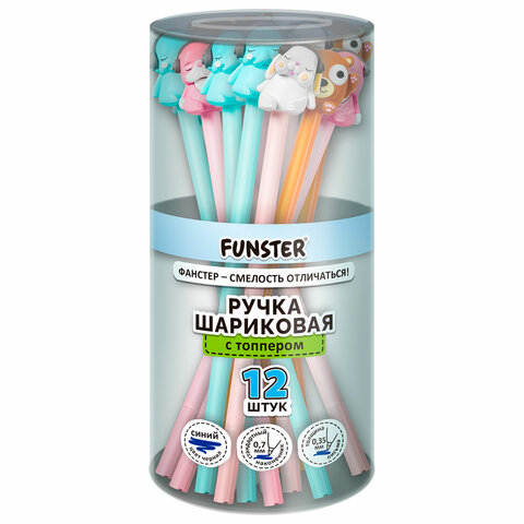Ручка с топпером шариковая масляная FUNSTER "TOPPER MIX", СИНЯЯ, корпус ассорти, пишущий узел 0,7 мм