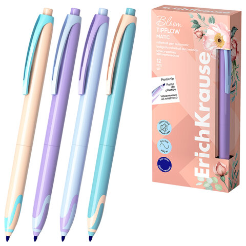 Ручка-роллер автоматическая ERICH KRAUSE "TipFlow Pastel Bloom", СИНЯЯ, корпус ассорти, 0,4 мм, 6370