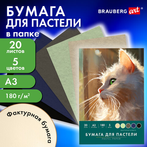 Бумага для пастели БОЛЬШАЯ А3 в папке, 20 листов 5 цветов, 180 гр/м2, BRAUBERG ART CLASSIC, 116346