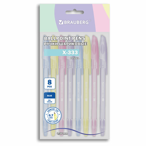 Ручки шариковые BRAUBERG "X-333 PASTEL", НАБОР 8 ШТУК, СИНИЕ, узел 0,7 мм, линия письма 0,35 мм, 144