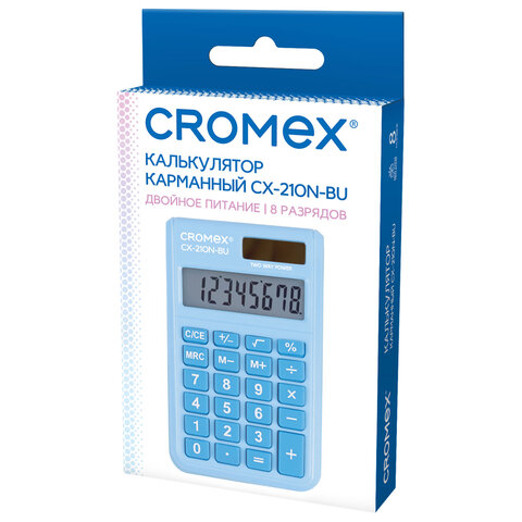 Калькулятор карманный CROMEX CX-210N-BU (96х62 мм), 8 разрядов, двойное питание, голубой, 273835