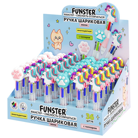 Ручка мини многоцветная с топпером шариковая автоматическая 4 ЦВЕТА FUNSTER "MIX", ассорти, пишущий 
