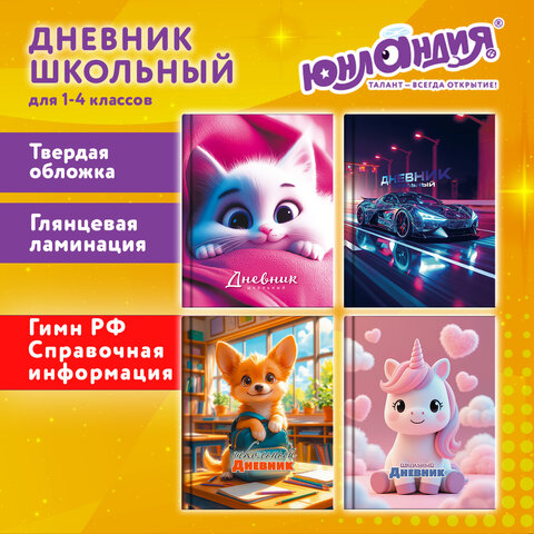 Дневник 1-4 класс 48л, твердый, ЮНЛАНДИЯ, глянцевая ламинация, с подсказом, МИКС УНИВЕРСАЛЬНЫЙ, 1075