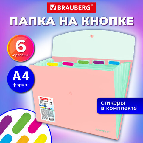 Папка-органайзер конверт на кнопке 6 отделений, BRAUBERG "Extra", A4, персиковая с мятным, 274102