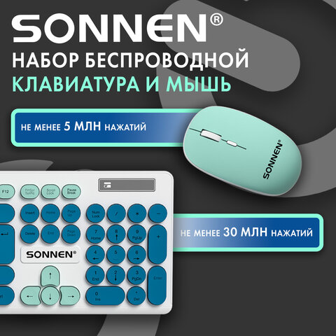 Набор беспроводной: клавиатура 104 клавиши, мышь 4 кнопки, SONNEN K-650, белый/мятный/бирюзовый, 513