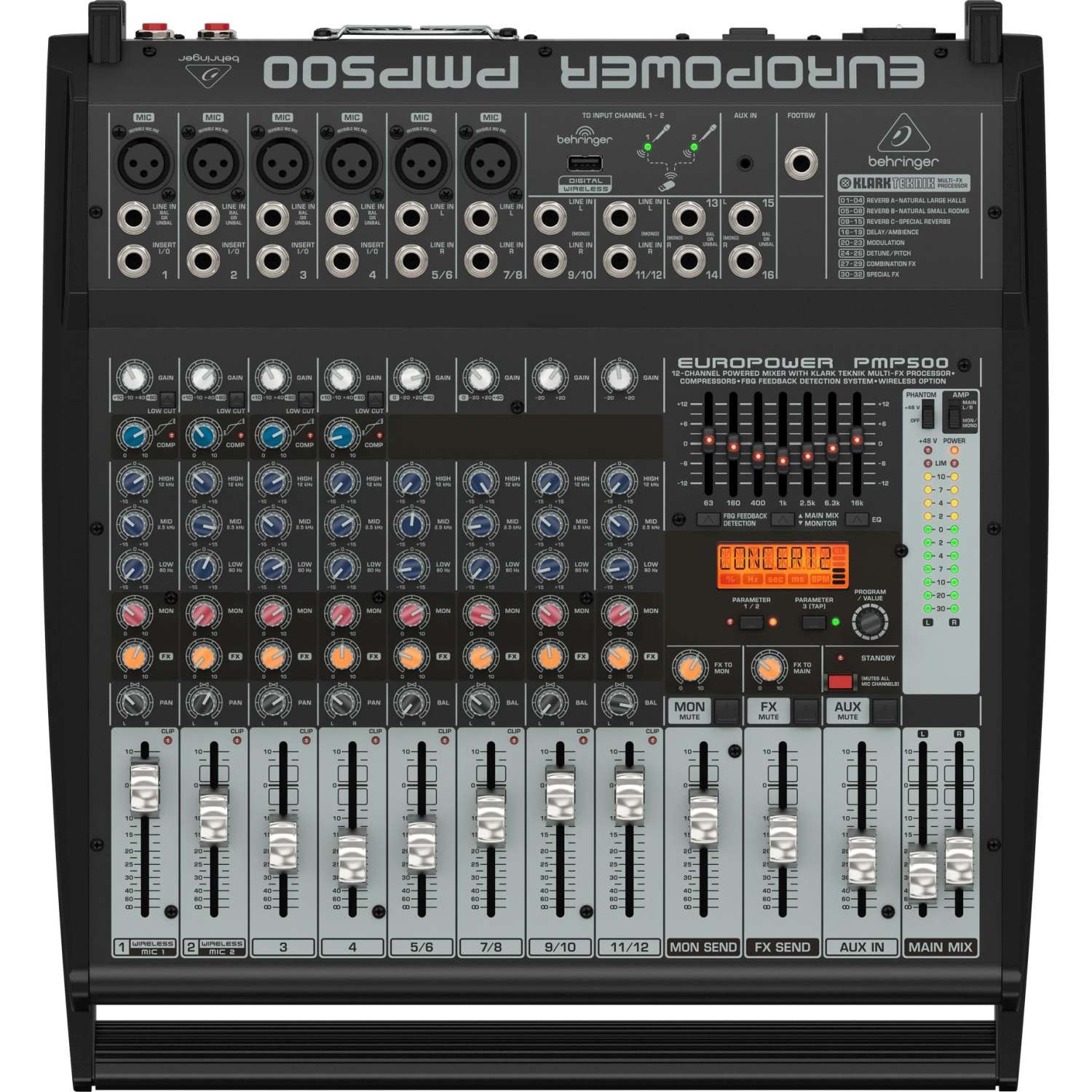 Микшер-усилитель Behringer PMP500, 2х250Вт, 12 каналов, процессор эффектов